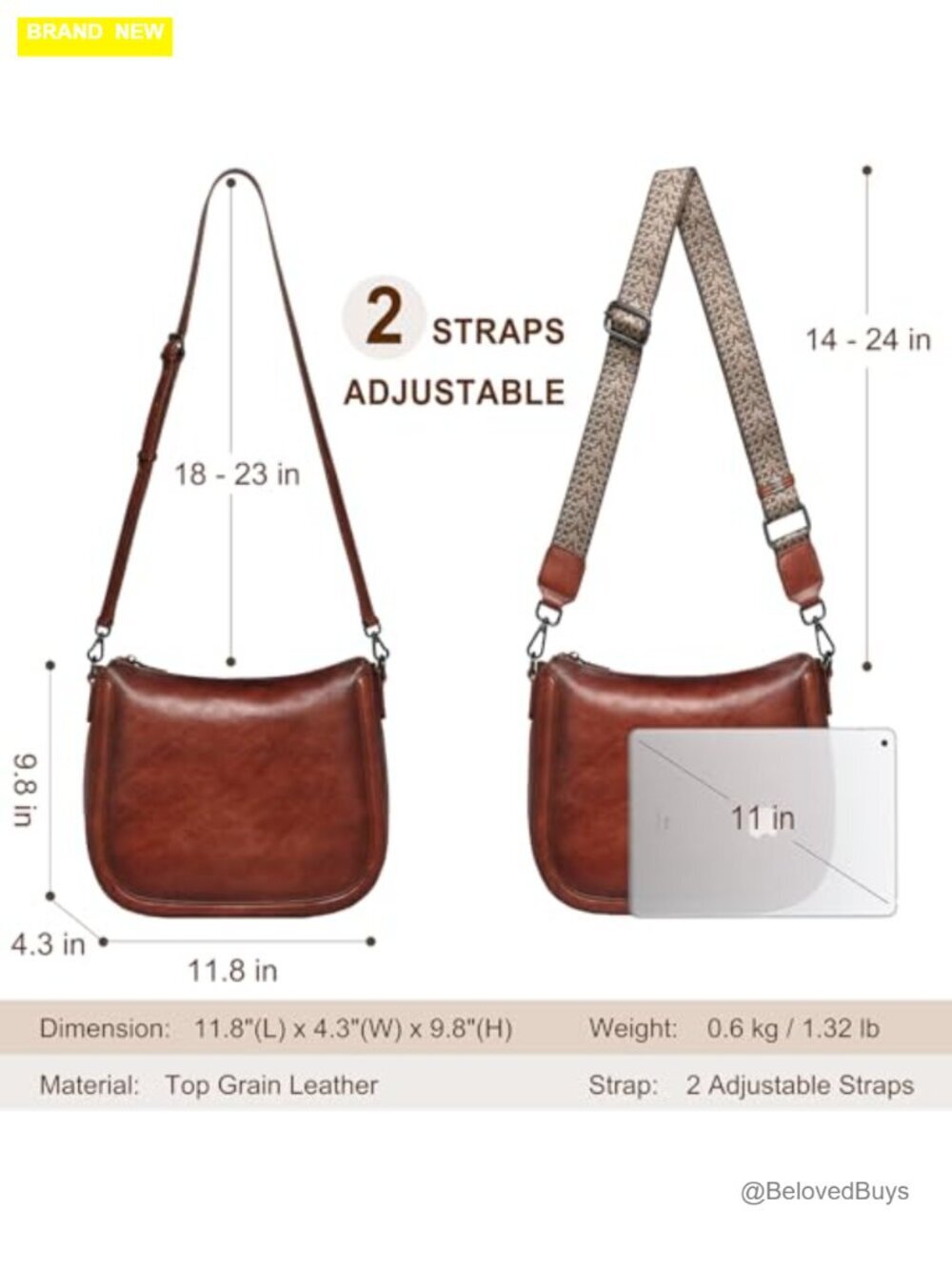 Real Leather Crossbody Bag with 2 Straps Vintage Hobo Satchel Handbag - Picture 4 of 7